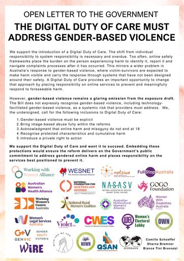 Open Letter to the Government - The Digital Duty of Care must address Gender-Based Violence - Sept 2026